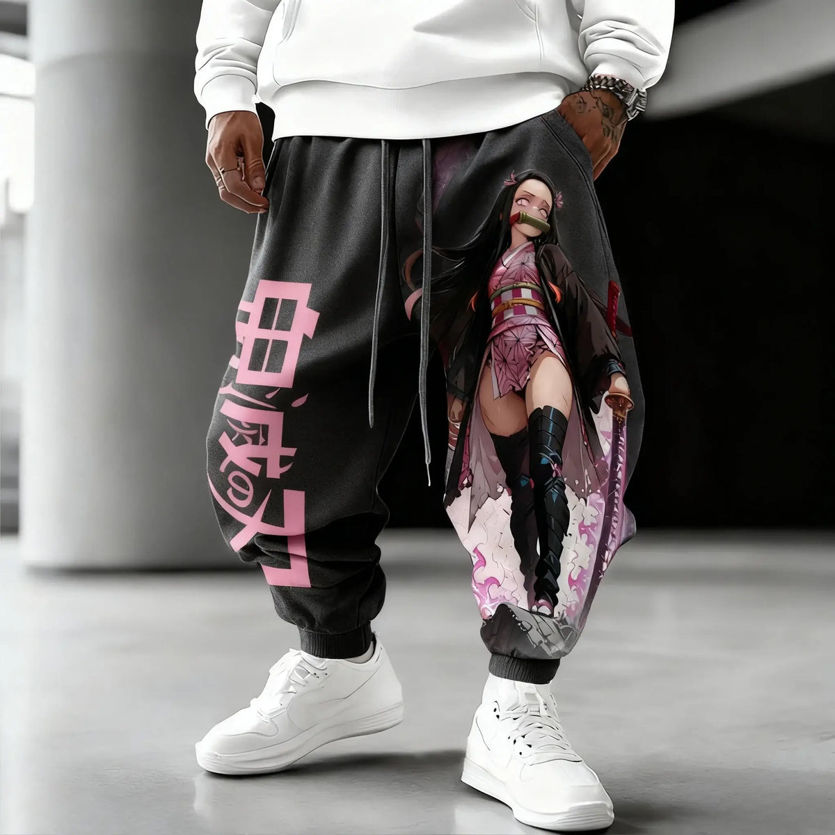 Trendy Demon Slayer Cotton Pants featuring a vibrant Nezuko Kamado color print, designed as loose casual autumn and winter joggers for men.