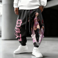 Trendy Demon Slayer Cotton Pants featuring a vibrant Nezuko Kamado color print, designed as loose casual autumn and winter joggers for men.