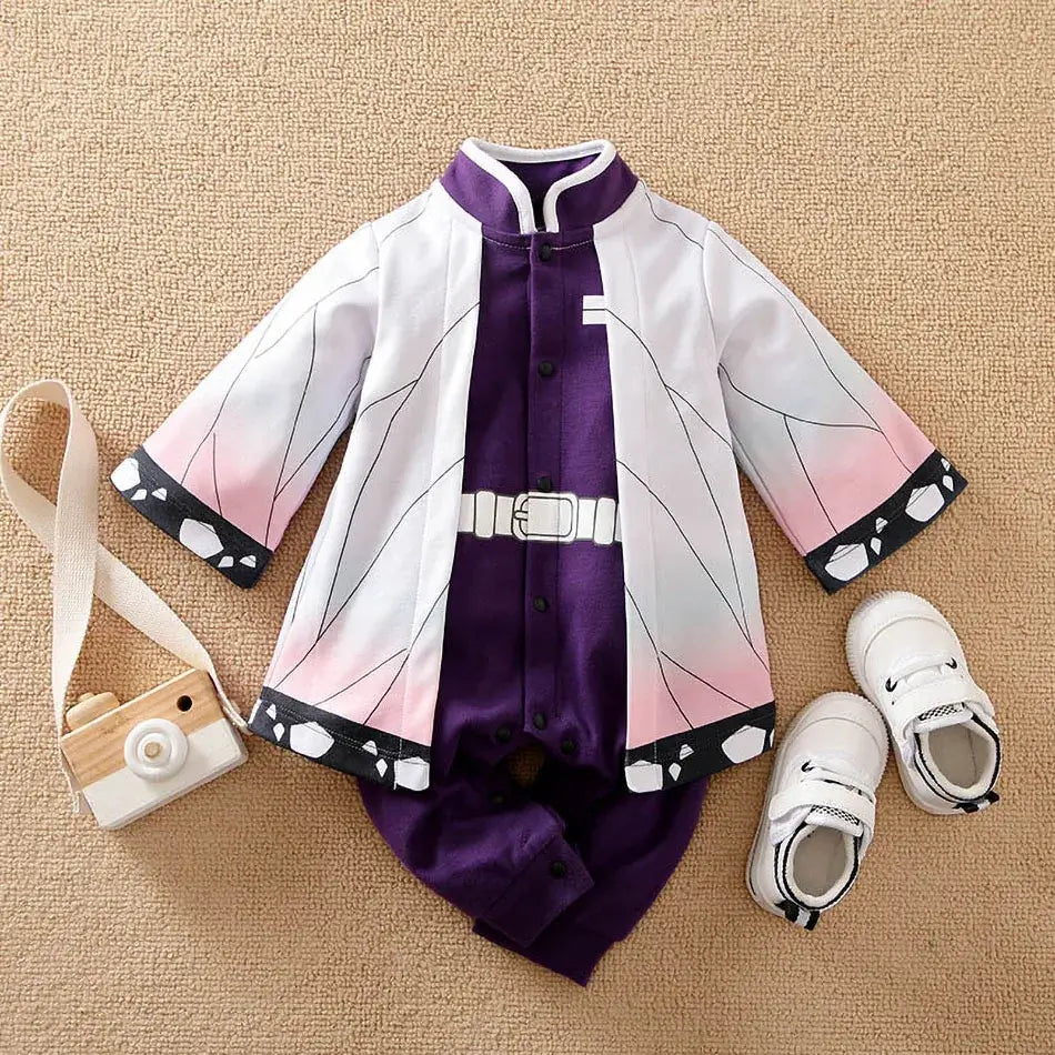 A newborn infant wearing the Baby Anime Costume, a cosplay jumpsuit available in Luffy, Akatsuki, and Vegeta styles.
