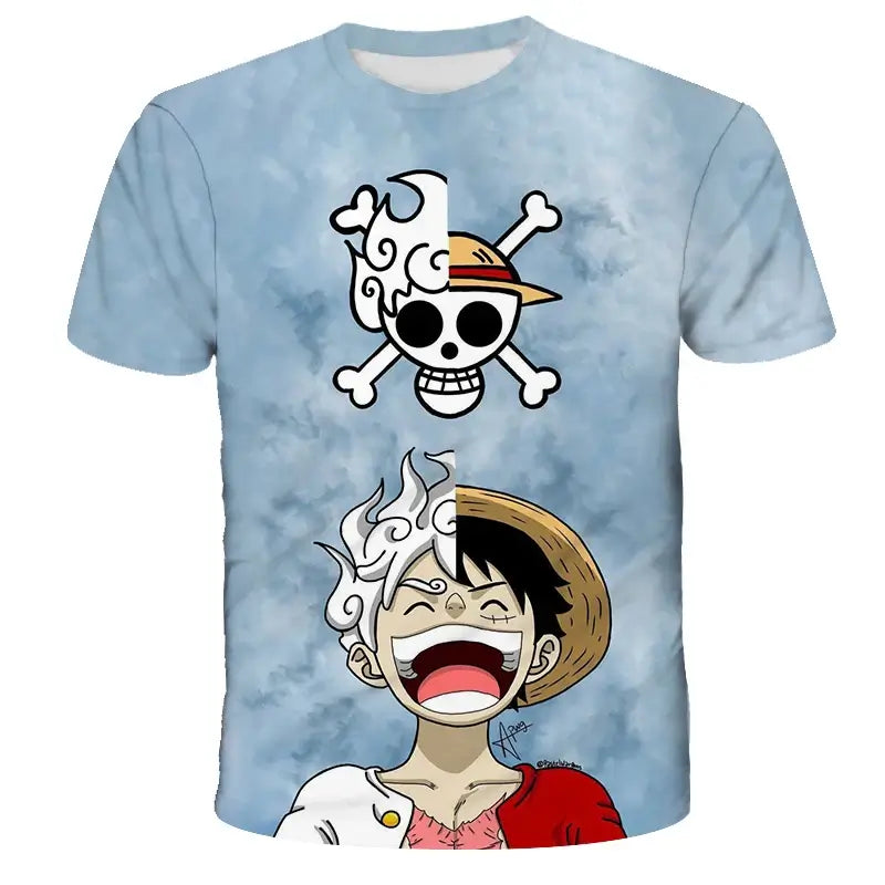 A casual One Piece Luffy T-shirt featuring a cartoon Monkey D. Luffy graphic, designed as a loose, breathable short-sleeve top for men and boys.