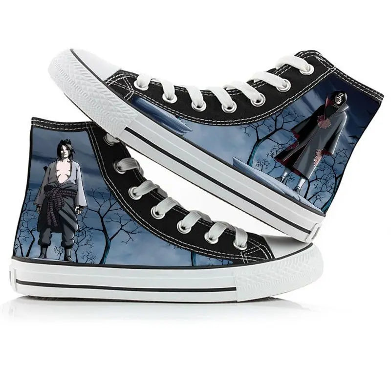 Trendy high-top Naruto Canvas Shoes featuring cool graffiti personality prints of Sasuke Uchiha, Itachi, and Kakashi for men and women.