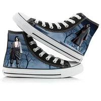 Trendy high-top Naruto Canvas Shoes featuring cool graffiti personality prints of Sasuke Uchiha, Itachi, and Kakashi for men and women.