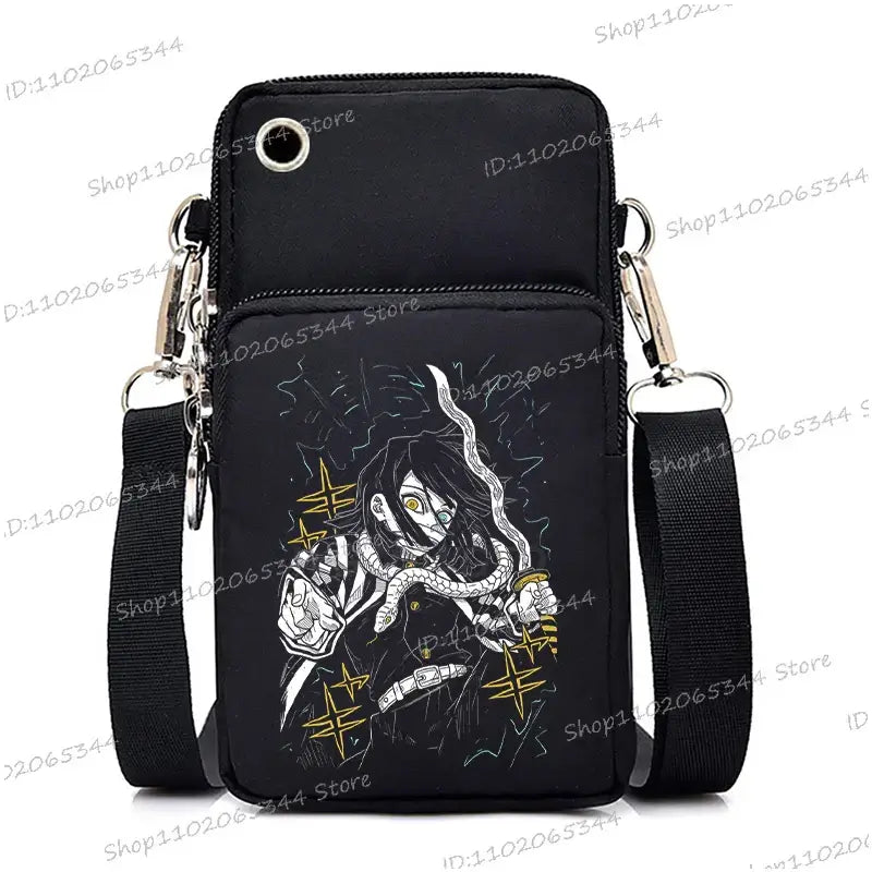 A trendy Demon Slayer Phone Bag featuring anime art of Nezuko Kamado and Mitsuri Kanroji, designed as a Harajuku mini crossbody purse for women and men.