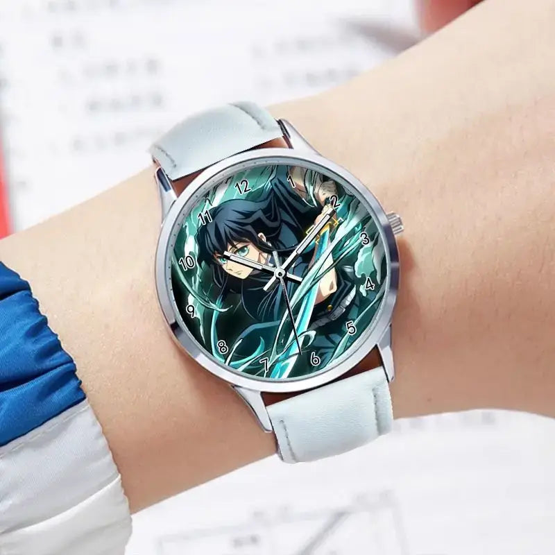 A stylish Demon Slayer Watch featuring two-dimensional anime art of Rengoku Kyoujurou and Tokitou Muichirou, designed as a trendy business wristwatch.