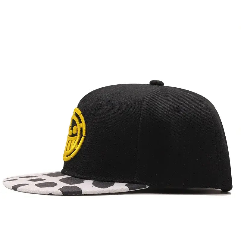 An adjustable One Piece Baseball Cap featuring Tony Tony Chopper and Trafalgar Law designs, styled as a casual cotton sun visor for cosplay.