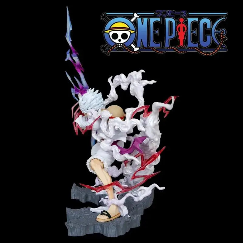 A handmade 28cm One Piece Luffy Statue featuring movable parts and lightning effects, perfect for anime desktop decoration and gifting.