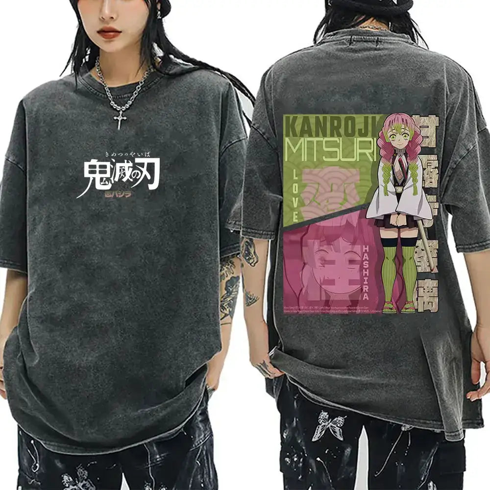 A washed black Demon Slayer Vintage T-Shirt made of 100% cotton, featuring an oversized cartoon anime graphic for men and women.