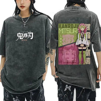 A washed black Demon Slayer Vintage T-Shirt made of 100% cotton, featuring an oversized cartoon anime graphic for men and women.
