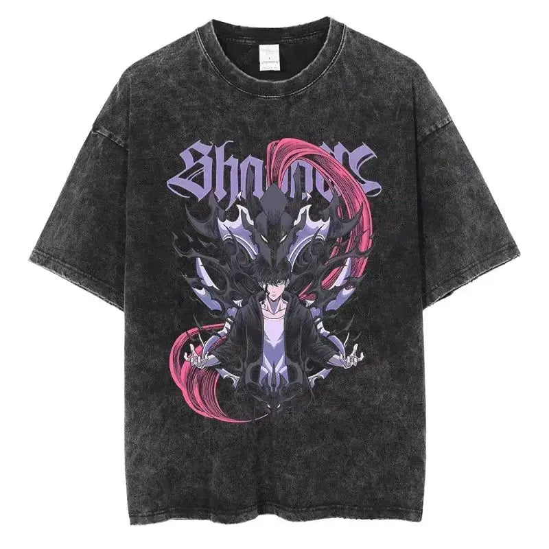 A hot unisex and plus size Solo Leveling Sung Jin-Woo Printed T Shirt in a washed cotton Harajuku style.