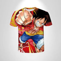 A black loose-fit One Piece Luffy T-shirt featuring a cartoon cosplay graphic of Monkey D. Luffy for men and boys.