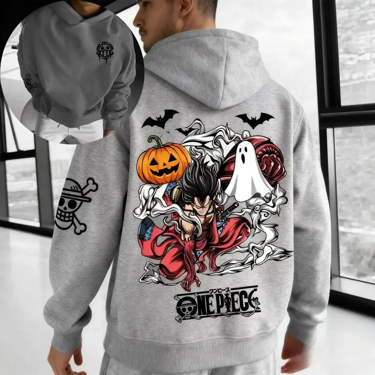 One Piece Halloween Hoodie featuring anime design with pumpkin and ghost, perfect for cosplay and casual wear.