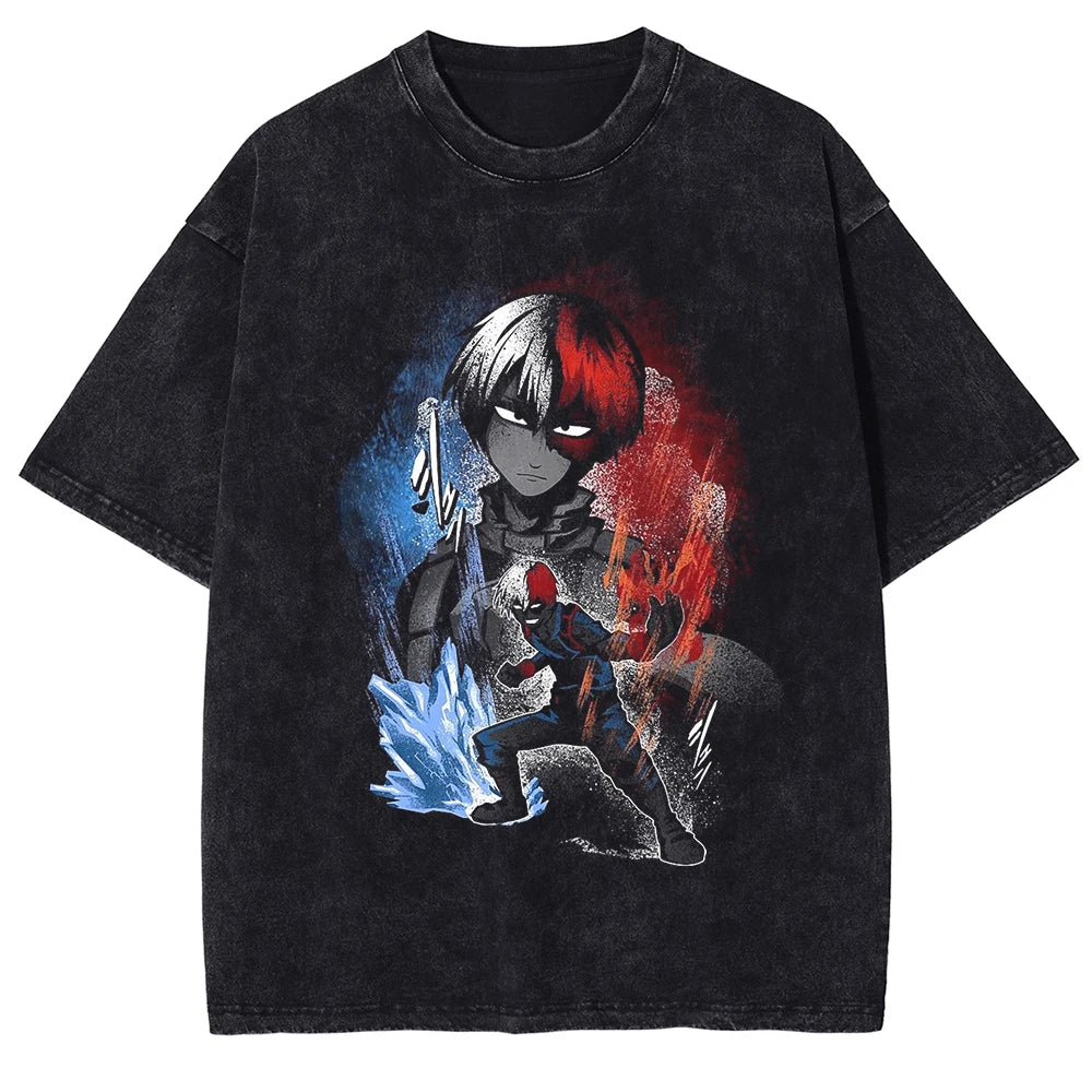 Kirishima Eijiro Washed T-Shirt featuring manga design with characters from My Hero Academia on a black background.