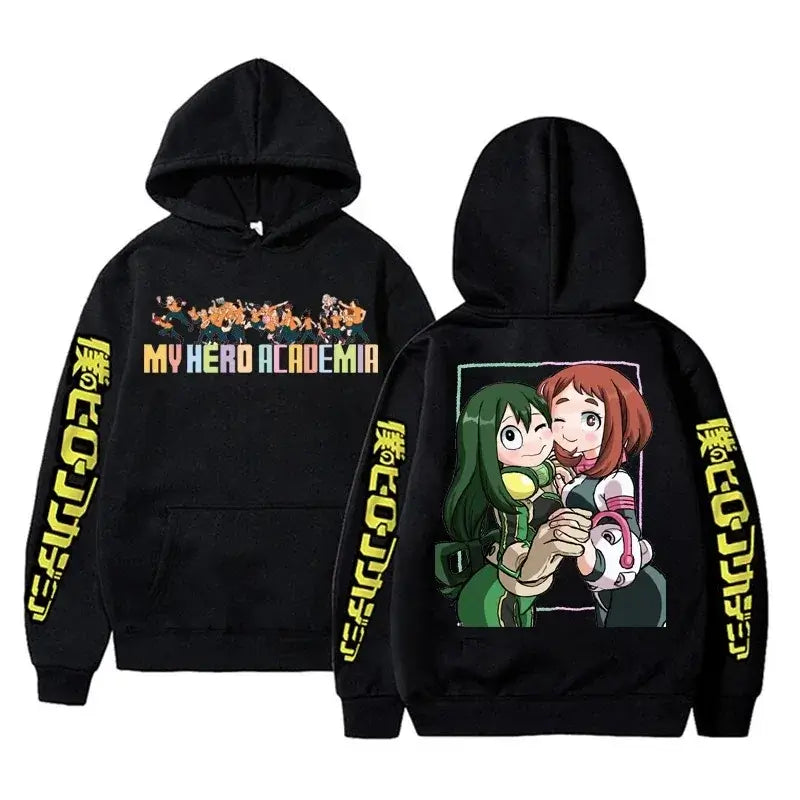 An oversized Midoriya Izuku Hoodie featuring a black and white manga graphic print, styled as unisex Harajuku streetwear for men and women.