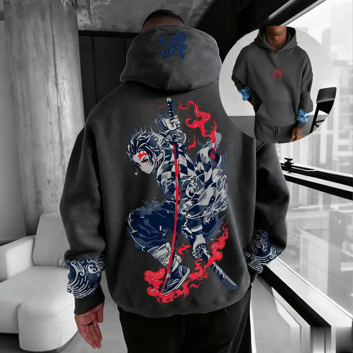 A trendy oversized Demon Slayer Hooded Sweatshirt featuring colorful anime character graphics, designed as casual autumn streetwear for men and women.