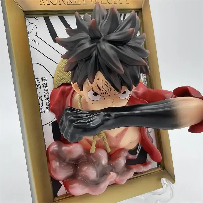 One Piece Three Brothers Statue featuring Luffy in a dynamic pose with a photo frame background, perfect anime gift.