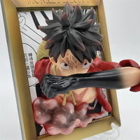 One Piece Three Brothers Statue featuring Luffy in a dynamic pose with a photo frame background, perfect anime gift.