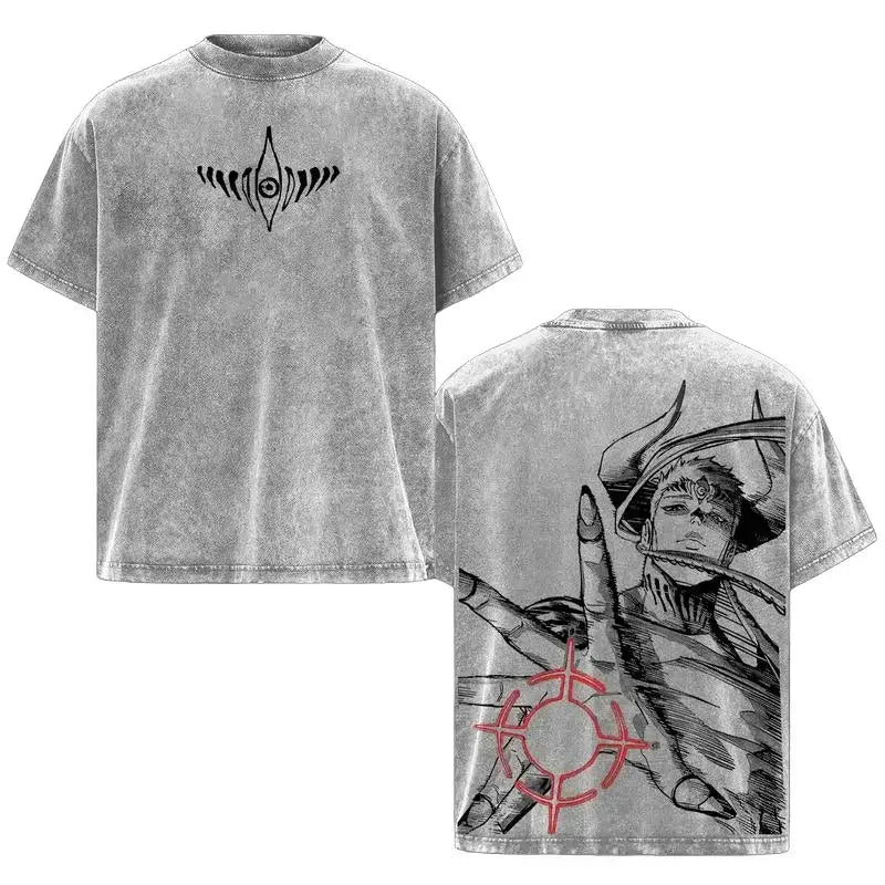 Jujutsu Kaisen Cross Graphic Oversized T-Shirt featuring unique front and back designs in a washed finish.