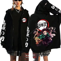 A casual loose Harajuku Fashion Anime Cartoon Demon Slayer Pattern Print Sweatshirt and fleece zipper hoodie for men and women.
