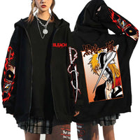 A unisex Bleach Zip Up Hoodie featuring 3D cosplay prints of Kurosaki Ichigo, Kyoraku Shunsui, and Hitsugaya Toshiro for anime fans.