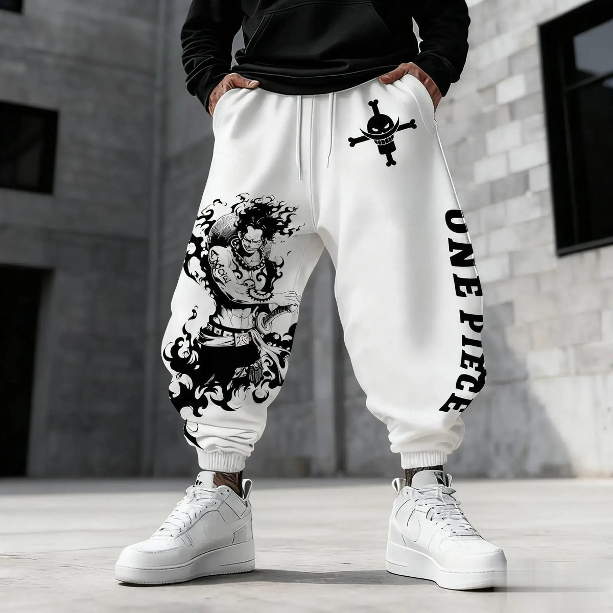 Men's loose One Piece Luffy Sweatpants featuring Y2K anime graphic prints, designed as autumn and winter hip hop trousers for gym and casual wear.