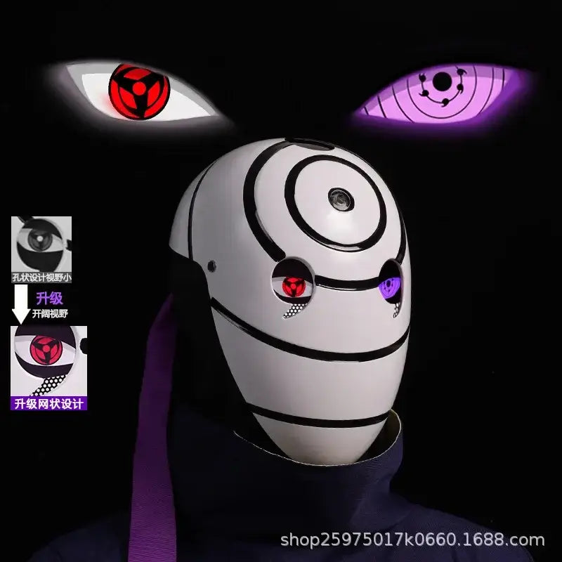 A highly imitative, high-gloss Obito Cosplay Mask featuring the Akatsuki Sharingan design for anime Halloween costumes and conventions.