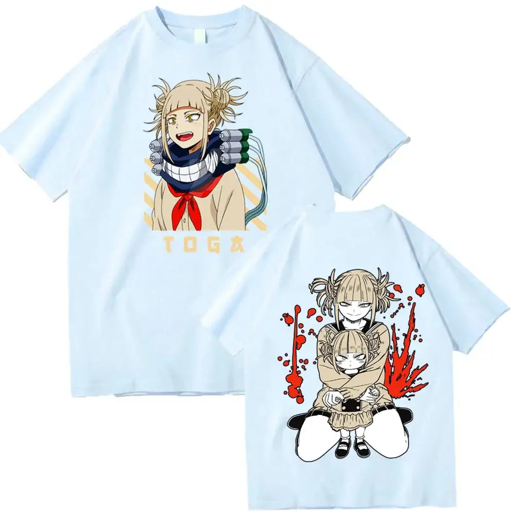 A trendy 2026 Himiko Toga T-Shirt featuring a graphic anime print of the My Hero Academia villain, designed as a casual summer top for men and women.