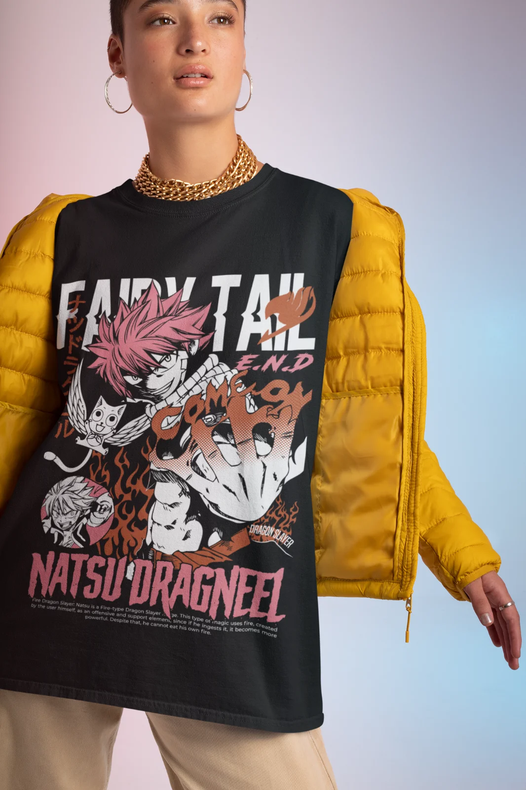 A premium Fairy Tail T-shirt featuring a dynamic graphic of Natsu Dragneel and Gray Fullbuster, designed as a girl anime gift for all sizes.