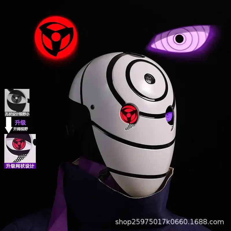 A highly imitative, high-gloss Obito Cosplay Mask featuring the Akatsuki Sharingan design for anime Halloween costumes and conventions.