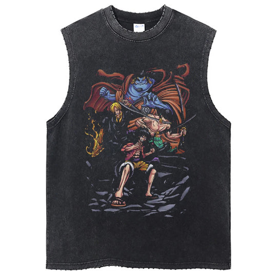 One Piece Vintage Washed Graphic Tank Top featuring digital print and loose streetwear fit.