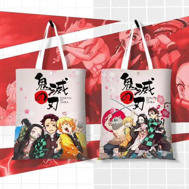 A stylish Shinobu Kocho Canvas Bag featuring a cute cartoon print of the Insect Hashira, designed as a small Japanese style shoulder handbag for women.
