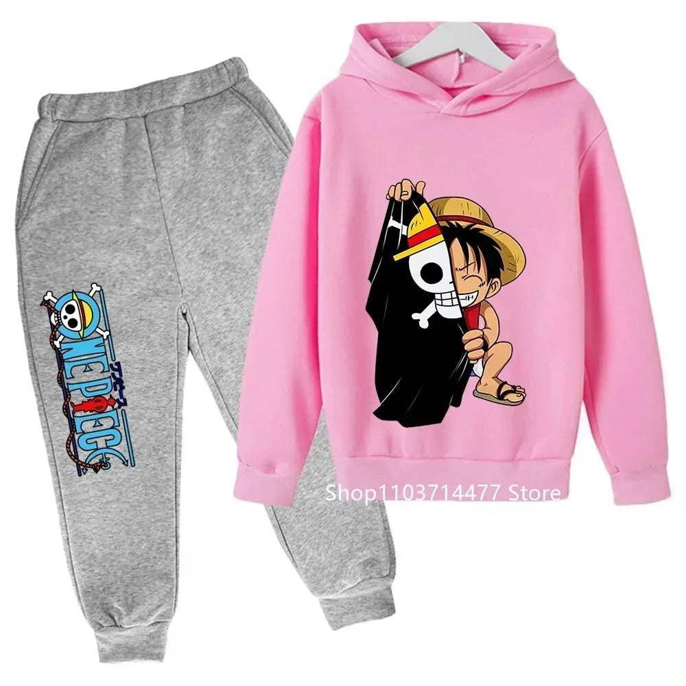 A comfortable One Piece Hoodie Set for kids featuring Monkey D. Luffy anime graphics, including a hoodie and pants 2-piece sports suit.