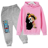 A comfortable One Piece Hoodie Set for kids featuring Monkey D. Luffy anime graphics, including a hoodie and pants 2-piece sports suit.
