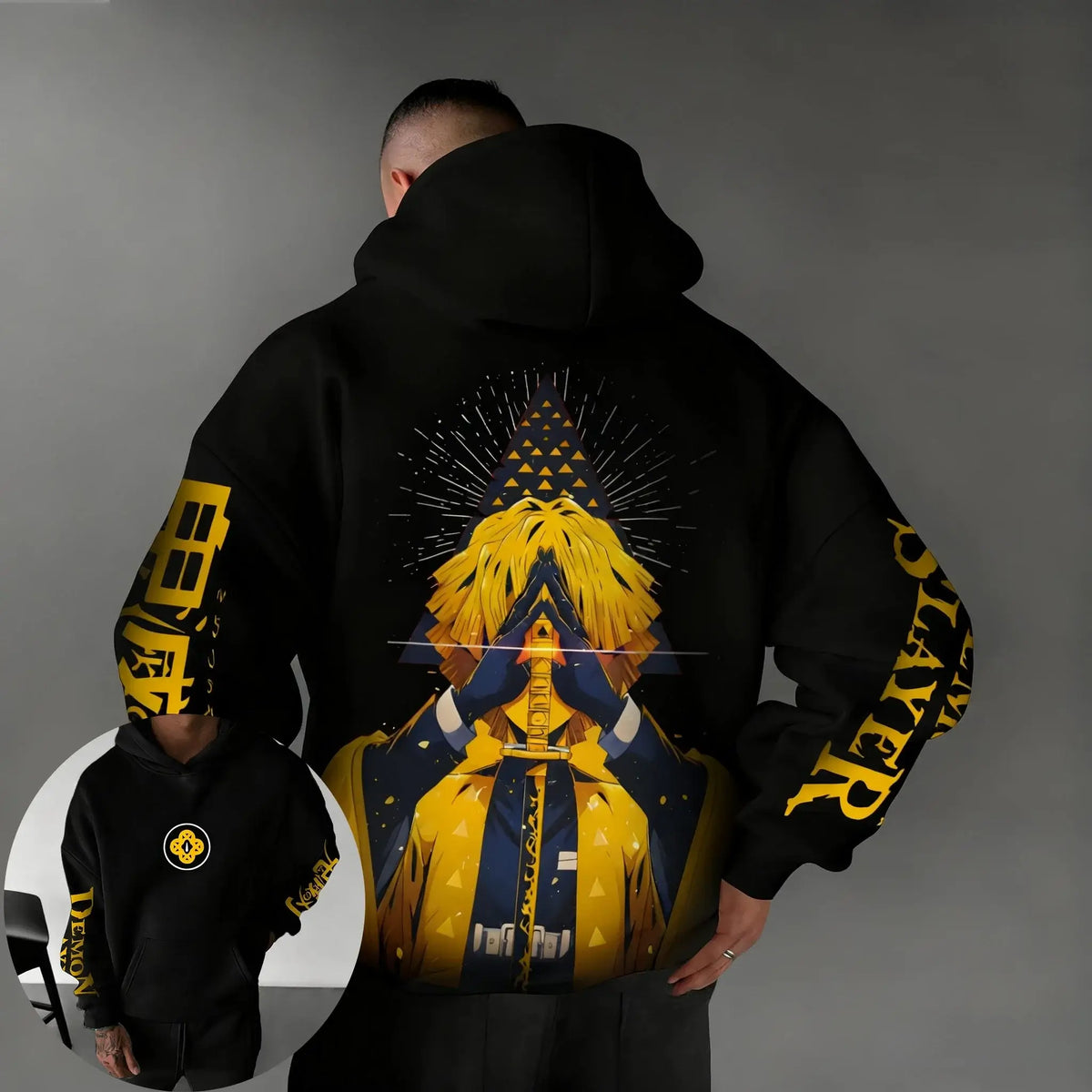 Demon Slayer Parent-Child Cotton Hoodie featuring an anime character design on the back in an oversized fit.