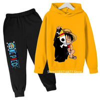 A comfortable One Piece Hoodie Set for kids featuring Monkey D. Luffy anime graphics, including a hoodie and pants 2-piece sports suit.