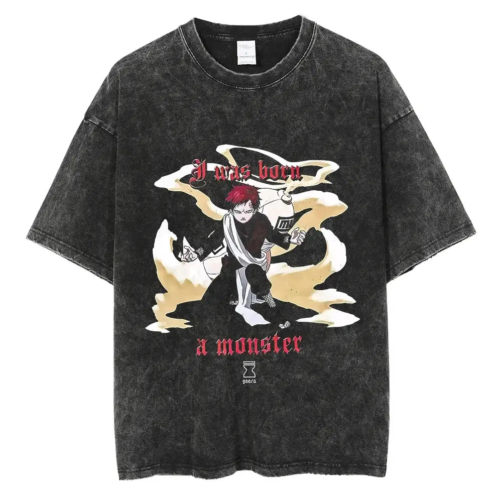 A man wearing the vintage black Japanese Anime Naruto Print T Shirt in a Harajuku hip hop streetwear style.