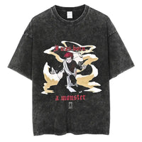 A man wearing the vintage black Japanese Anime Naruto Print T Shirt in a Harajuku hip hop streetwear style.