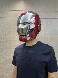 A wearable AutoKing Iron Man Helmet (Mk5) featuring voice-controlled opening face plates and glowing LED eyes for adult cosplay and display.