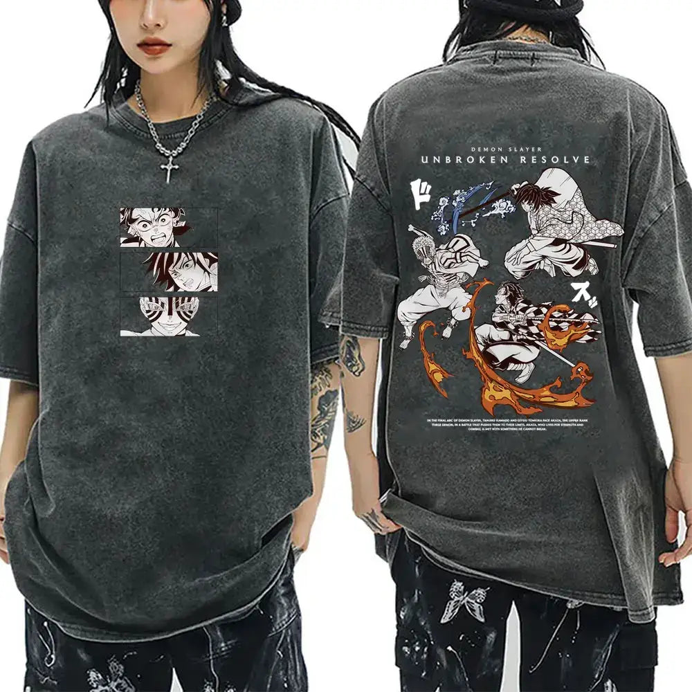 A vintage washed Demon Slayer Serpent Hashira Iguro Obanai T Shirt in a casual, oversized style for men and women.