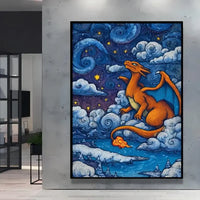 A stunning Van Gogh Pokemon Wall Art piece featuring Pikachu painted in a Starry Night impressionist style for unique home decoration.