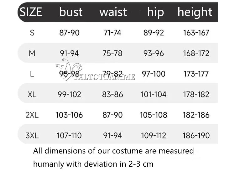 Size chart for Dandadan Okarun Cosplay Costume Wig Suit, including bust, waist, hip, and height measurements.