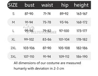 Size chart for Dandadan Okarun Cosplay Costume Wig Suit, including bust, waist, hip, and height measurements.