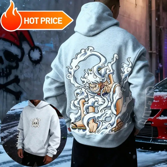 Luffy One Piece Oversized Cotton Hoodie displayed with anime design on the back, perfect for streetwear enthusiasts.