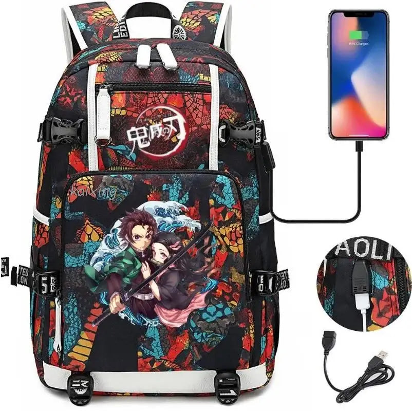 A pink and black Nezuko Demon Slayer Backpack featuring a USB charging port and kawaii anime character art, designed for teen girls and students.
