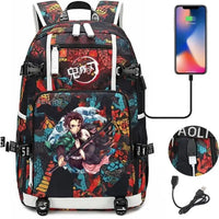 A pink and black Nezuko Demon Slayer Backpack featuring a USB charging port and kawaii anime character art, designed for teen girls and students.