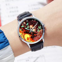 A stylish Demon Slayer Watch featuring two-dimensional anime art of Rengoku Kyoujurou and Tokitou Muichirou, designed as a trendy business wristwatch.