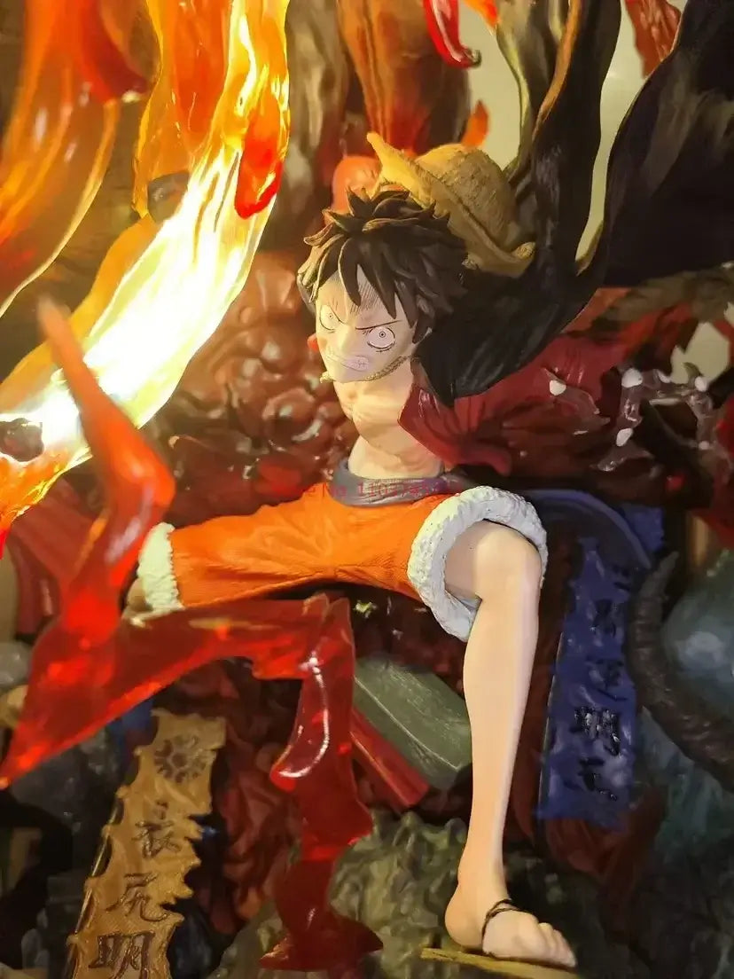 A dynamic Luffy Gear 3 Figure made of PVC, featuring glowing LED Red Roc fire effects, designed as a GK anime collectible statue.