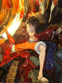 A dynamic Luffy Gear 3 Figure made of PVC, featuring glowing LED Red Roc fire effects, designed as a GK anime collectible statue.