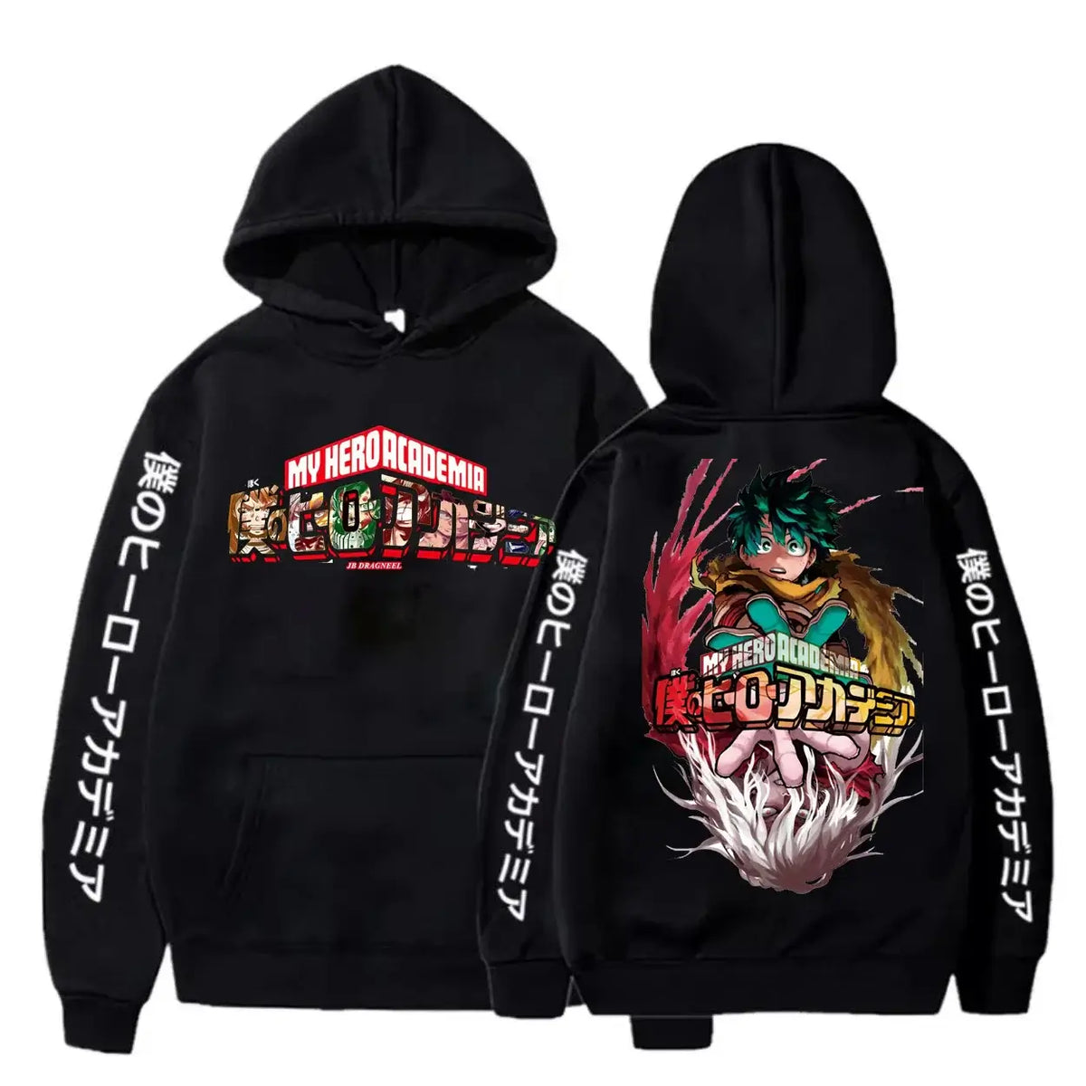 An oversized Midoriya Izuku Hoodie featuring a black and white manga graphic print, styled as unisex Harajuku streetwear for men and women.