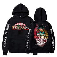 An oversized Midoriya Izuku Hoodie featuring a black and white manga graphic print, styled as unisex Harajuku streetwear for men and women.