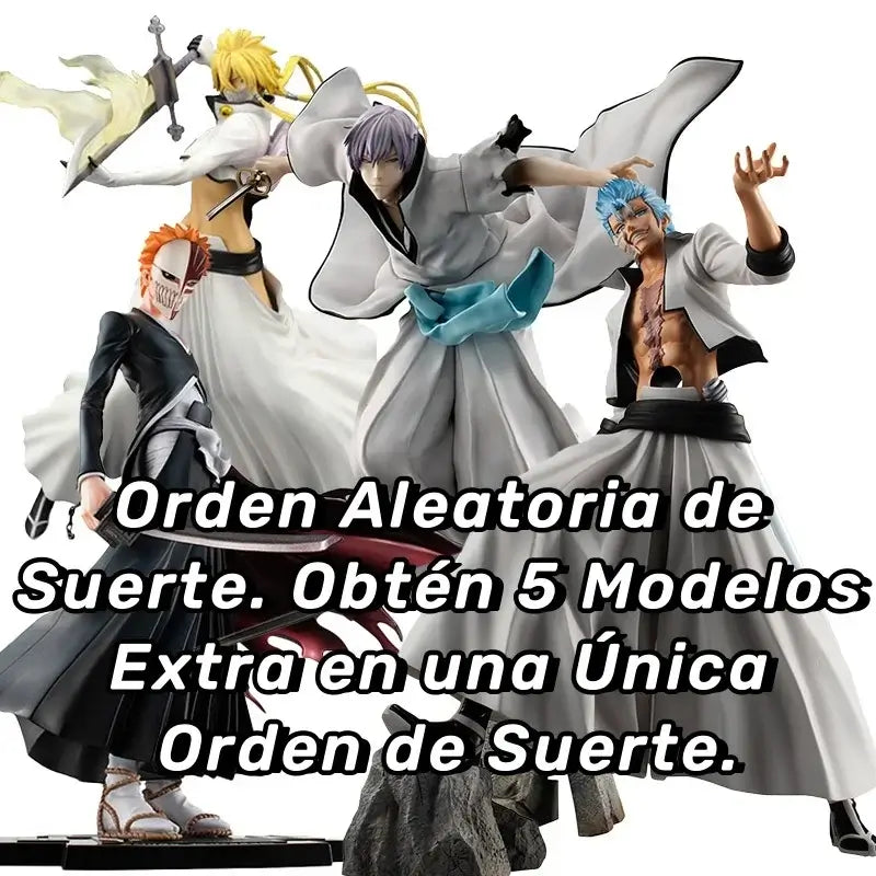 A vibrant Bleach Blind Box packaging revealing highly detailed anime action figures of Kurosaki Ichigo, Sosuke Aizen, and Rukia Kuchiki for collector display.